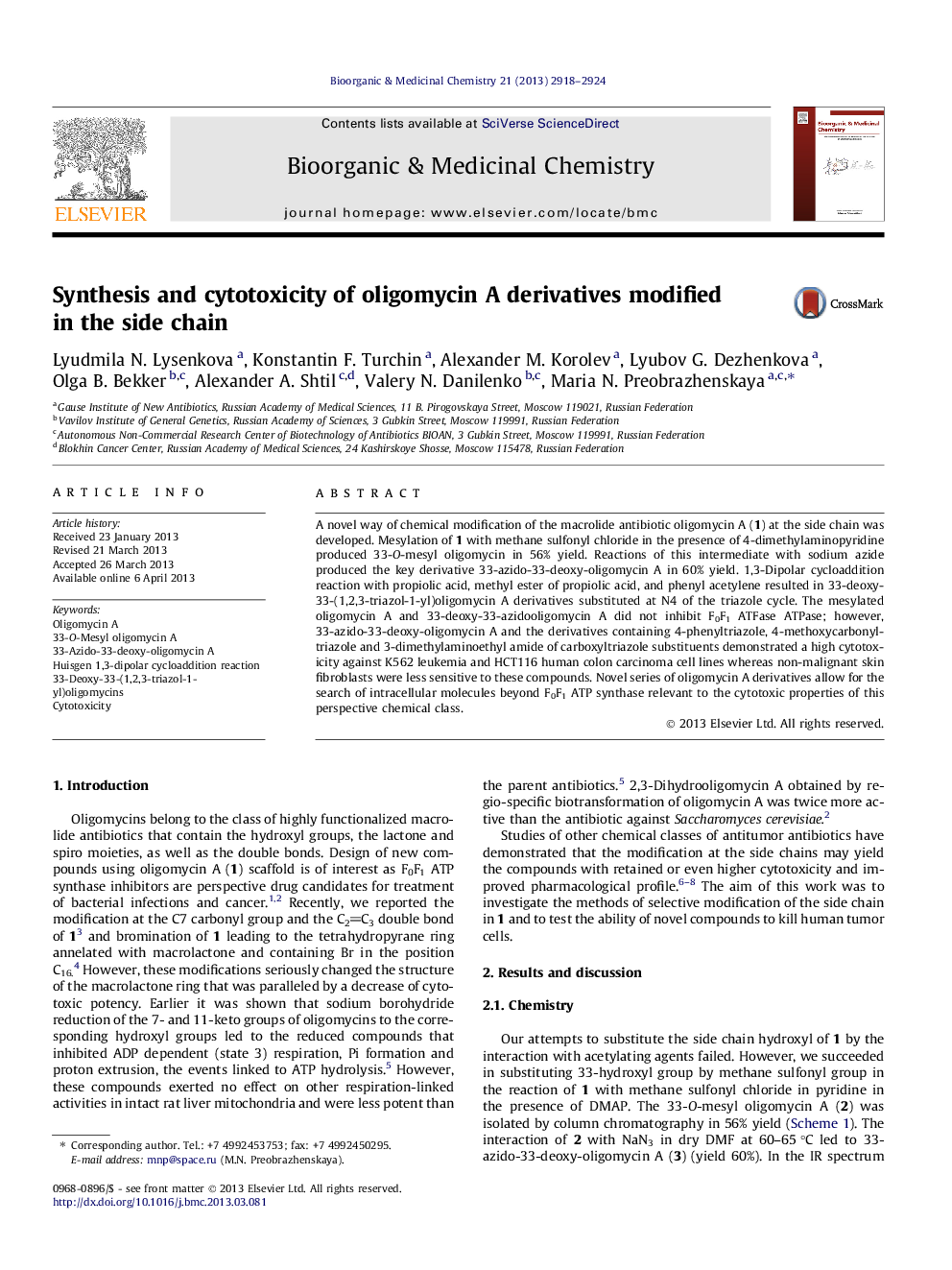عکس صفحه اول مقاله: Synthesis and cytotoxicity of oligomycin A derivatives modified in the side chain Synthesis and cytotoxicity of oligomycin A derivatives modified in the side chain