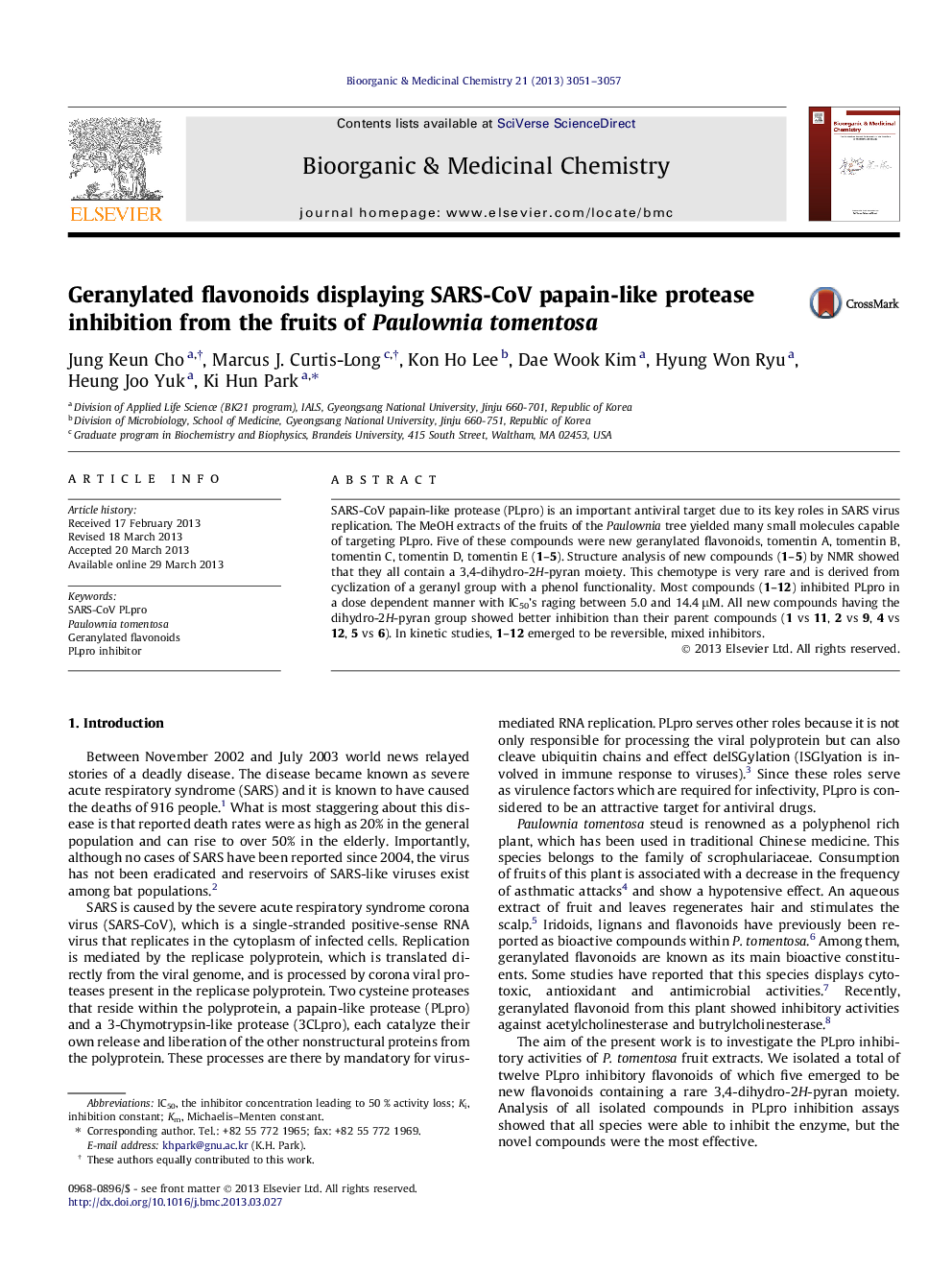 Geranylated flavonoids displaying SARS-CoV papain-like protease inhibition from the fruits of Paulownia tomentosa