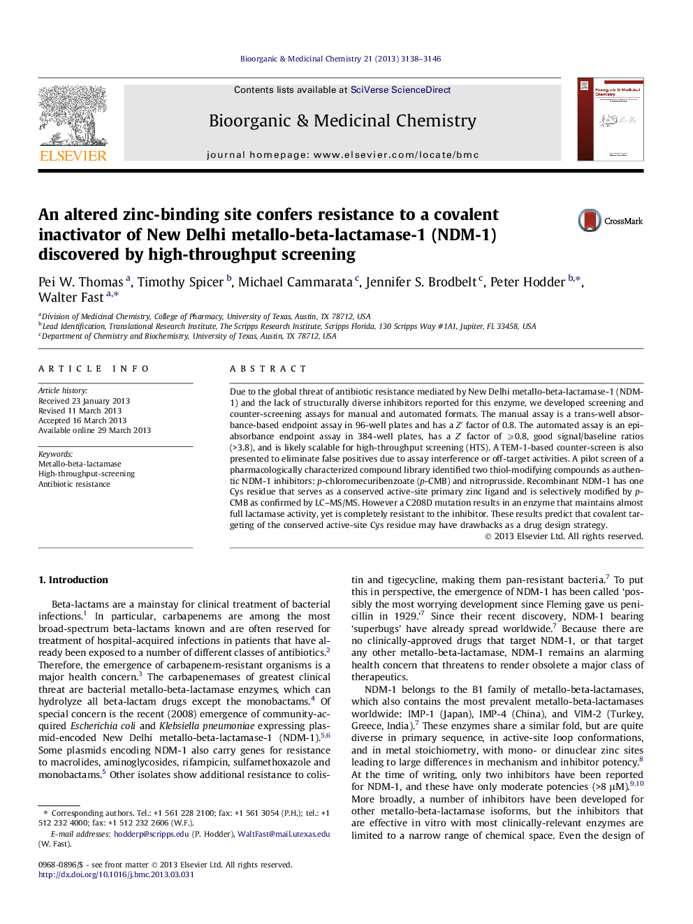 An altered zinc-binding site confers resistance to a covalent inactivator of New Delhi metallo-beta-lactamase-1 (NDM-1) discovered by high-throughput screening