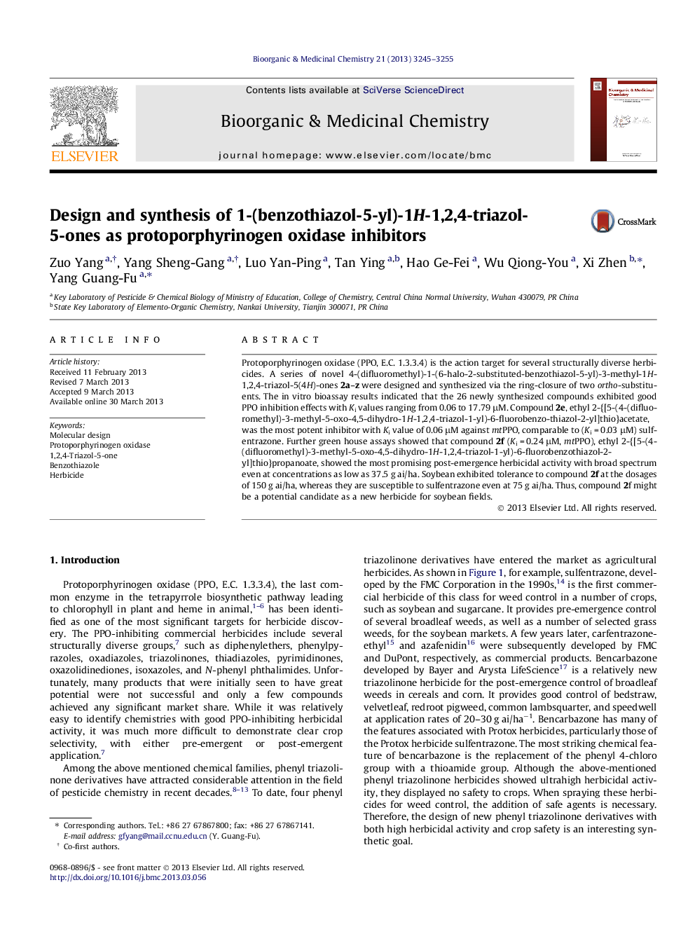 Design and synthesis of 1-(benzothiazol-5-yl)-1H-1,2,4-triazol-5-ones as protoporphyrinogen oxidase inhibitors