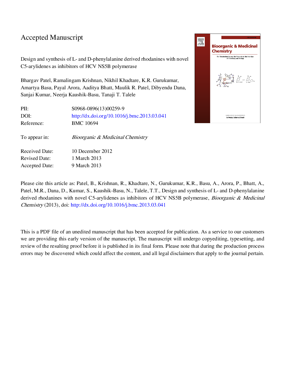 Design and synthesis of l- and d-phenylalanine derived rhodanines with novel C5-arylidenes as inhibitors of HCV NS5B polymerase