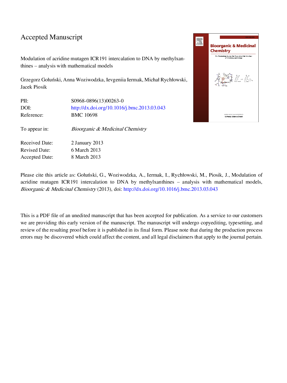 Modulation of acridine mutagen ICR191 intercalation to DNA by methylxanthines-Analysis with mathematical models