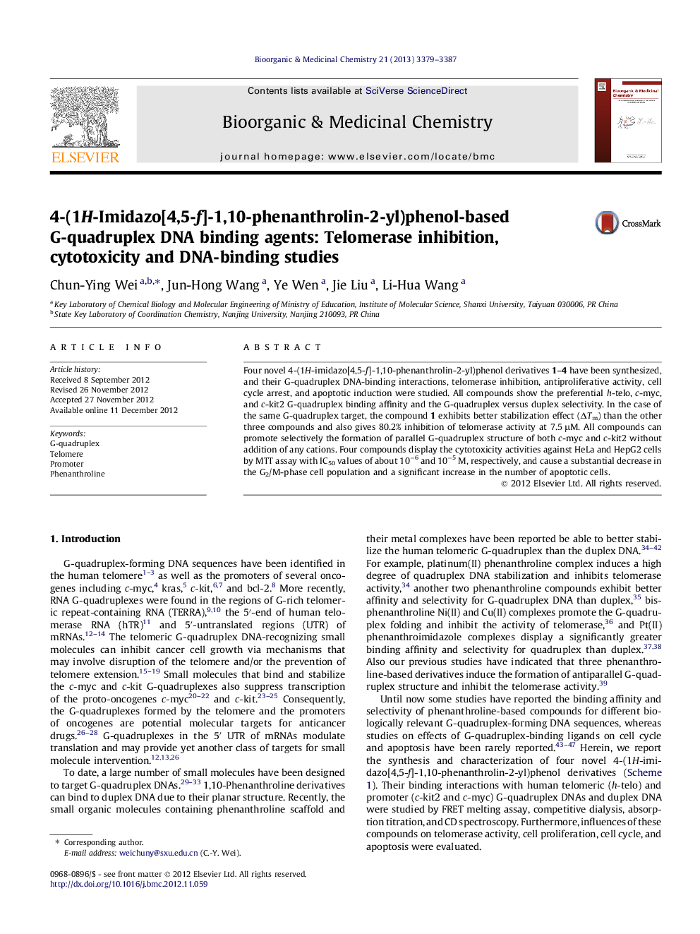 4-(1H-Imidazo[4,5-f]-1,10-phenanthrolin-2-yl)phenol-based G-quadruplex DNA binding agents: Telomerase inhibition, cytotoxicity and DNA-binding studies