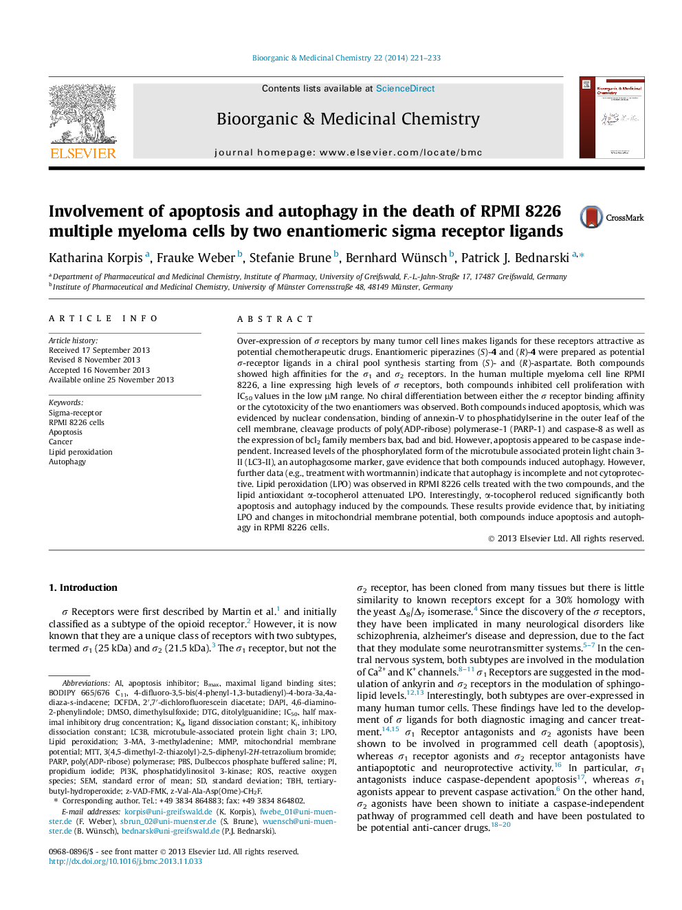 Involvement of apoptosis and autophagy in the death of RPMI 8226 multiple myeloma cells by two enantiomeric sigma receptor ligands