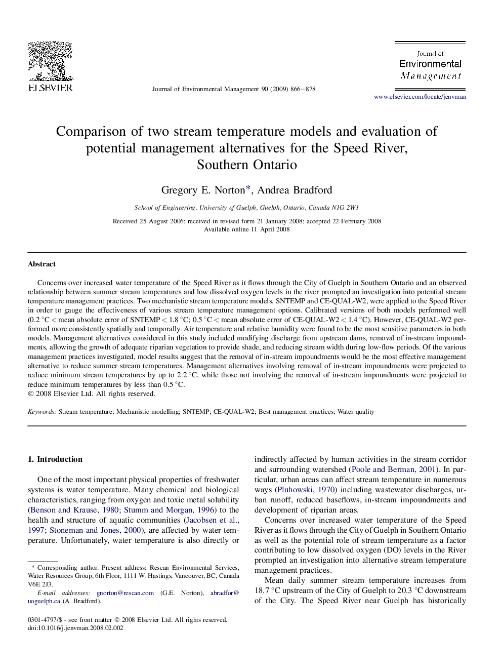 Comparison of two stream temperature models and evaluation of potential management alternatives for the Speed River, Southern Ontario