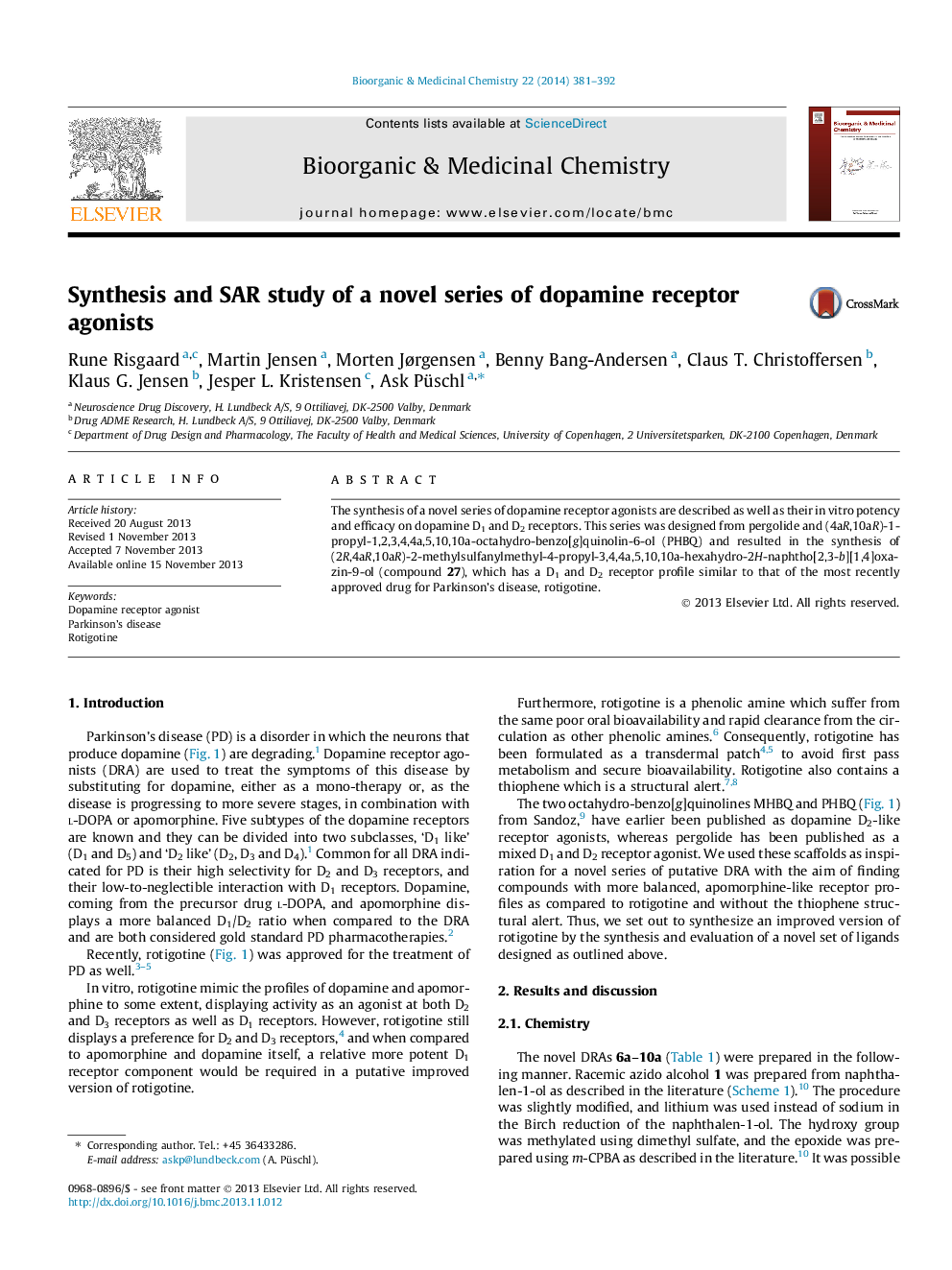 Synthesis and SAR study of a novel series of dopamine receptor agonists