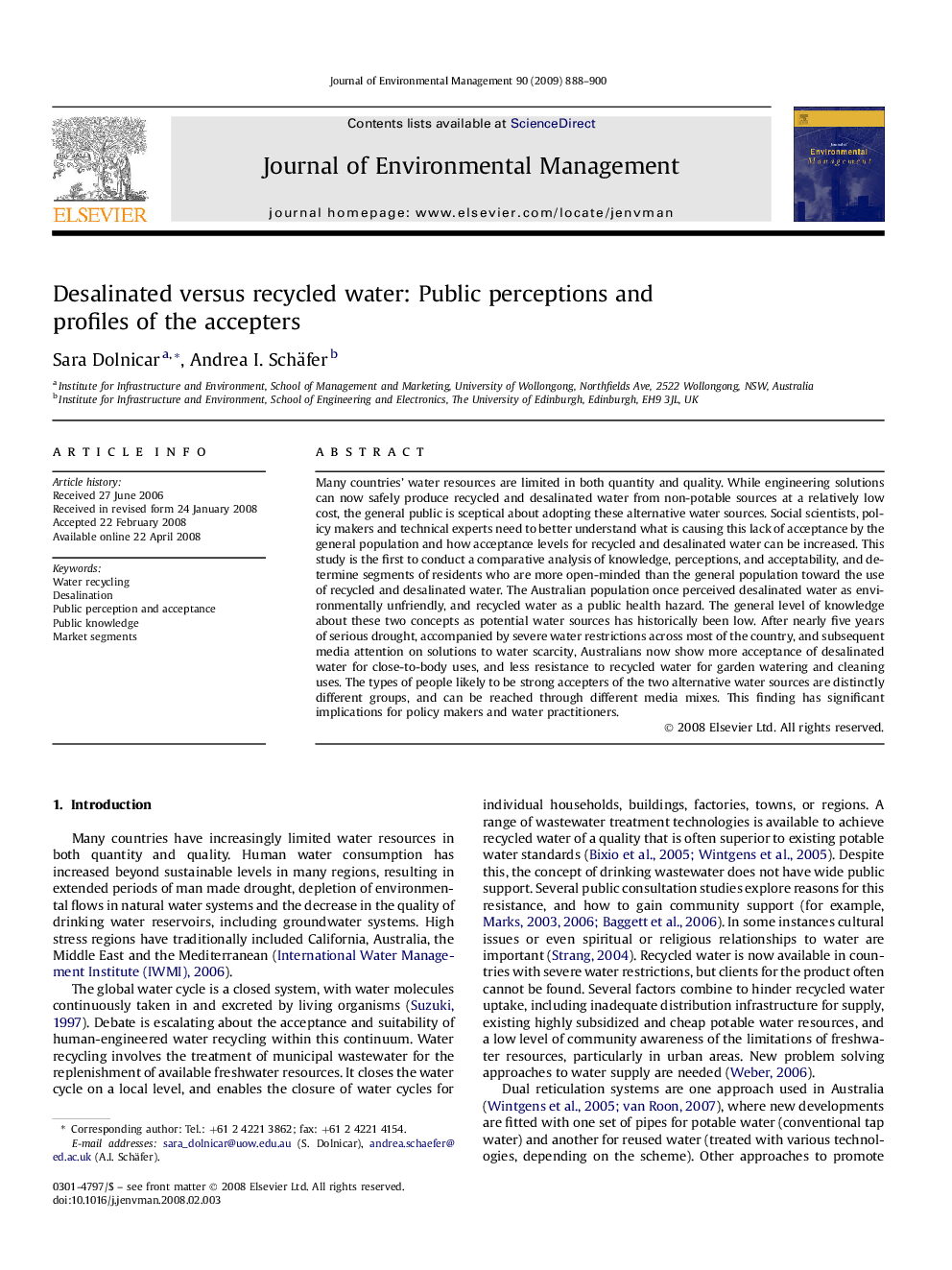 Desalinated versus recycled water: Public perceptions and profiles of the accepters