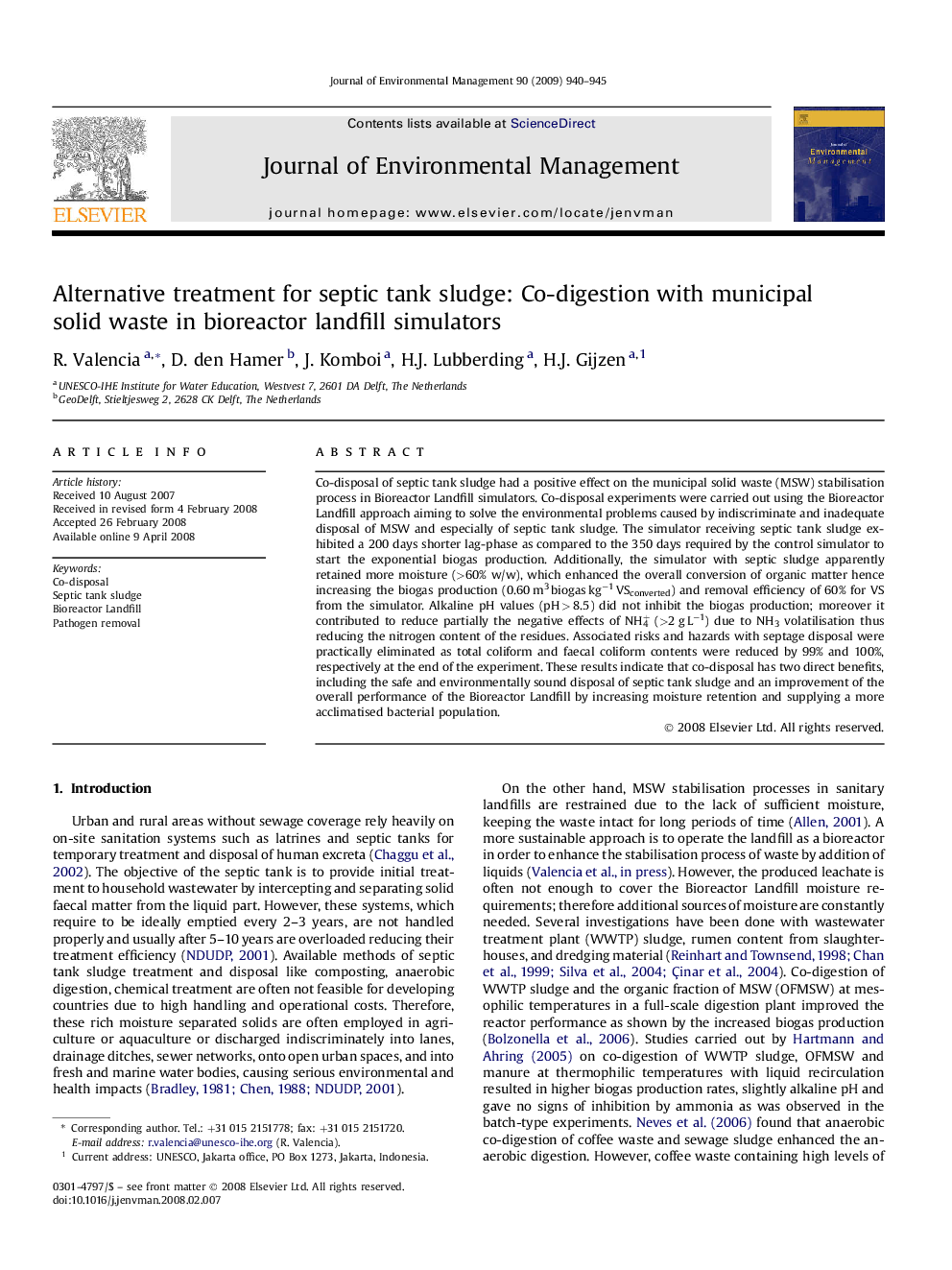 Alternative treatment for septic tank sludge: Co-digestion with municipal solid waste in bioreactor landfill simulators