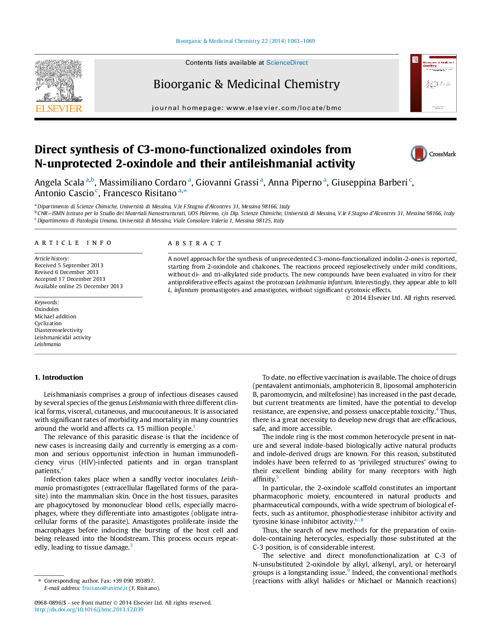 Direct synthesis of C3-mono-functionalized oxindoles from N-unprotected 2-oxindole and their antileishmanial activity