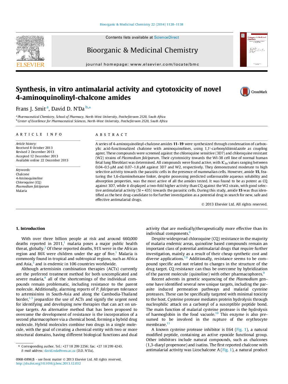 Synthesis, in vitro antimalarial activity and cytotoxicity of novel 4-aminoquinolinyl-chalcone amides