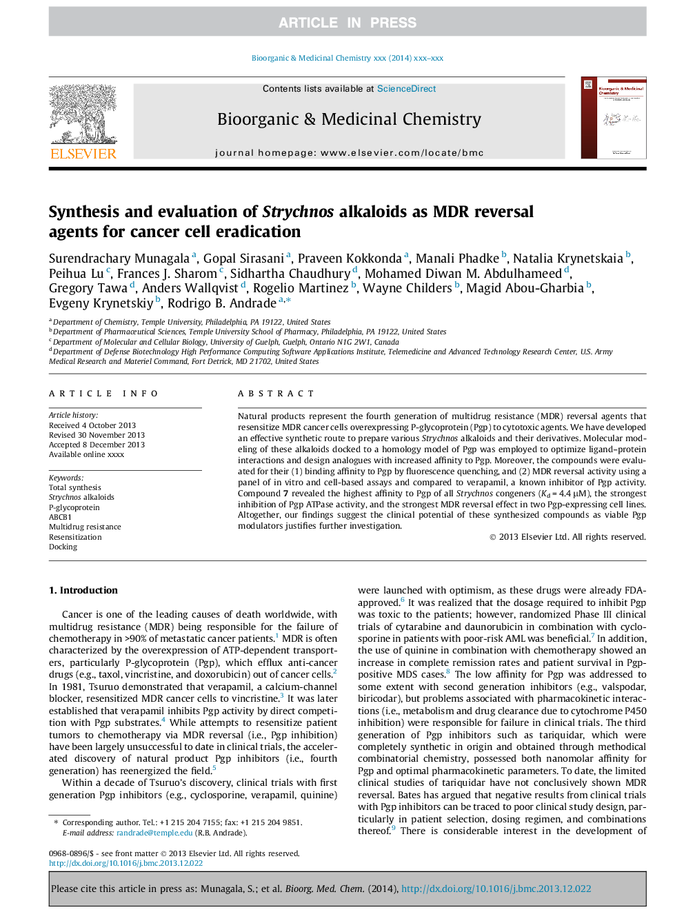 Synthesis and evaluation of Strychnos alkaloids as MDR reversal agents for cancer cell eradication