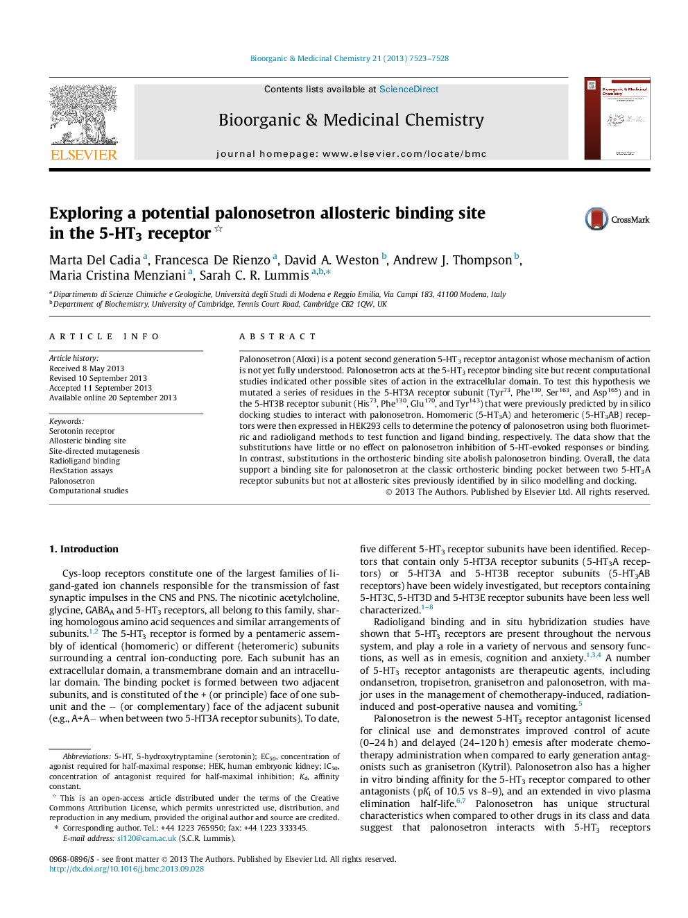 Exploring a potential palonosetron allosteric binding site in the 5-HT3 receptor