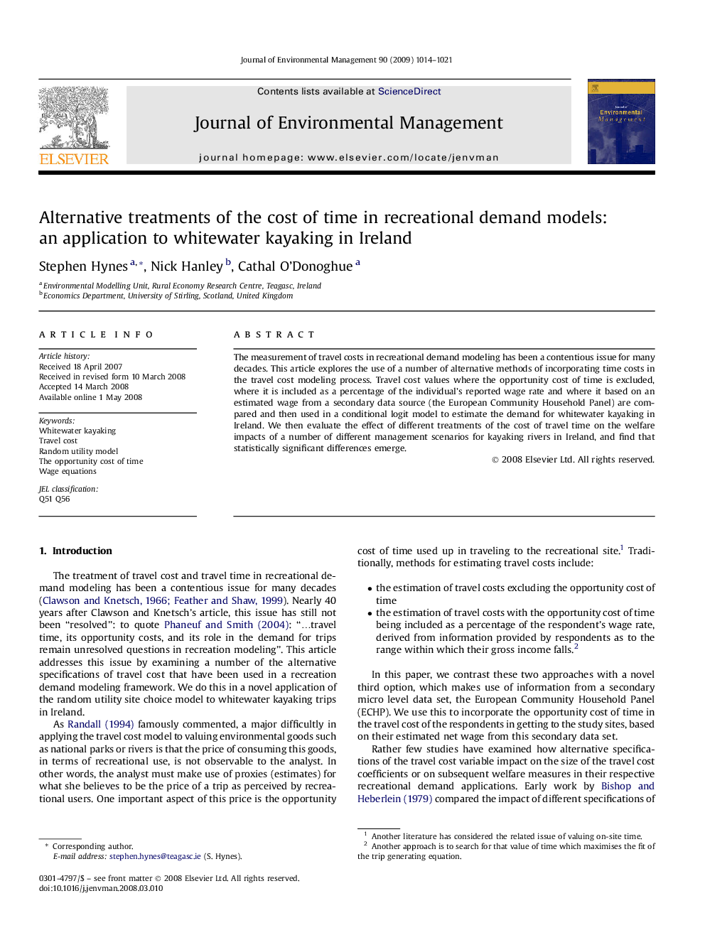 Alternative treatments of the cost of time in recreational demand models: an application to whitewater kayaking in Ireland