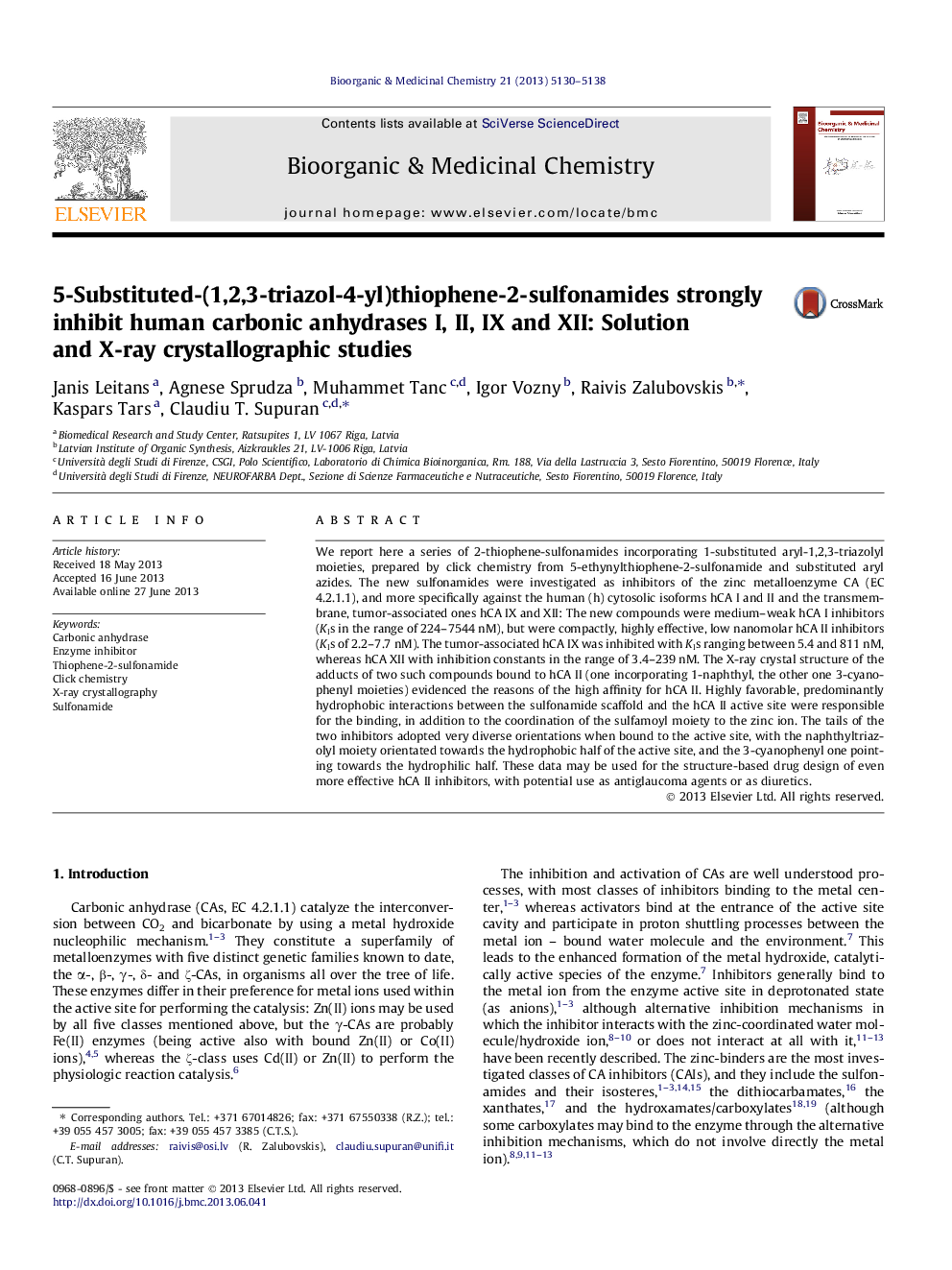 5-Substituted-(1,2,3-triazol-4-yl)thiophene-2-sulfonamides strongly inhibit human carbonic anhydrases I, II, IX and XII: Solution and X-ray crystallographic studies