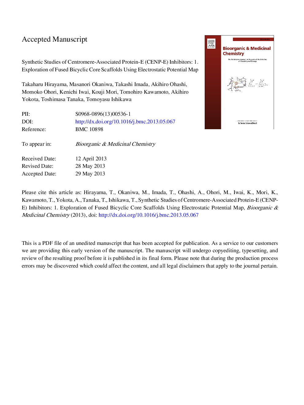 Synthetic studies of centromere-associated protein-E (CENP-E) inhibitors: 1.Exploration of fused bicyclic core scaffolds using electrostatic potential map