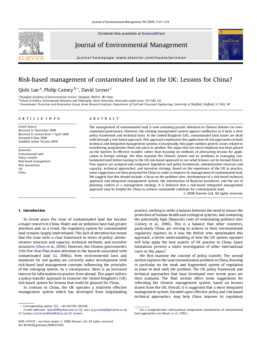 Risk-based management of contaminated land in the UK: Lessons for China?