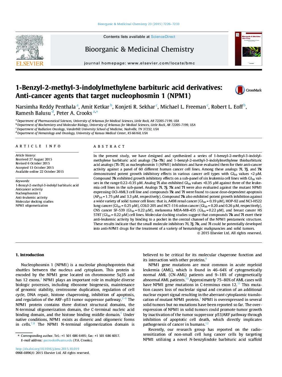 1-Benzyl-2-methyl-3-indolylmethylene barbituric acid derivatives: Anti-cancer agents that target nucleophosmin 1 (NPM1)