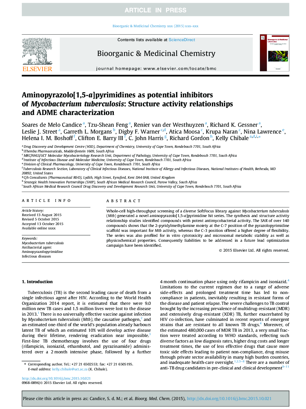 Aminopyrazolo[1,5-a]pyrimidines as potential inhibitors of Mycobacterium tuberculosis: Structure activity relationships and ADME characterization