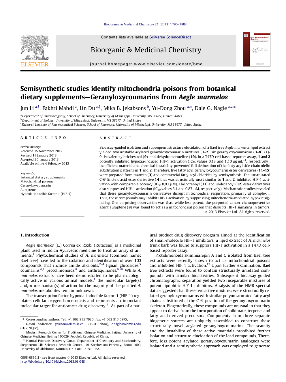 Semisynthetic studies identify mitochondria poisons from botanical dietary supplements-Geranyloxycoumarins from Aegle marmelos