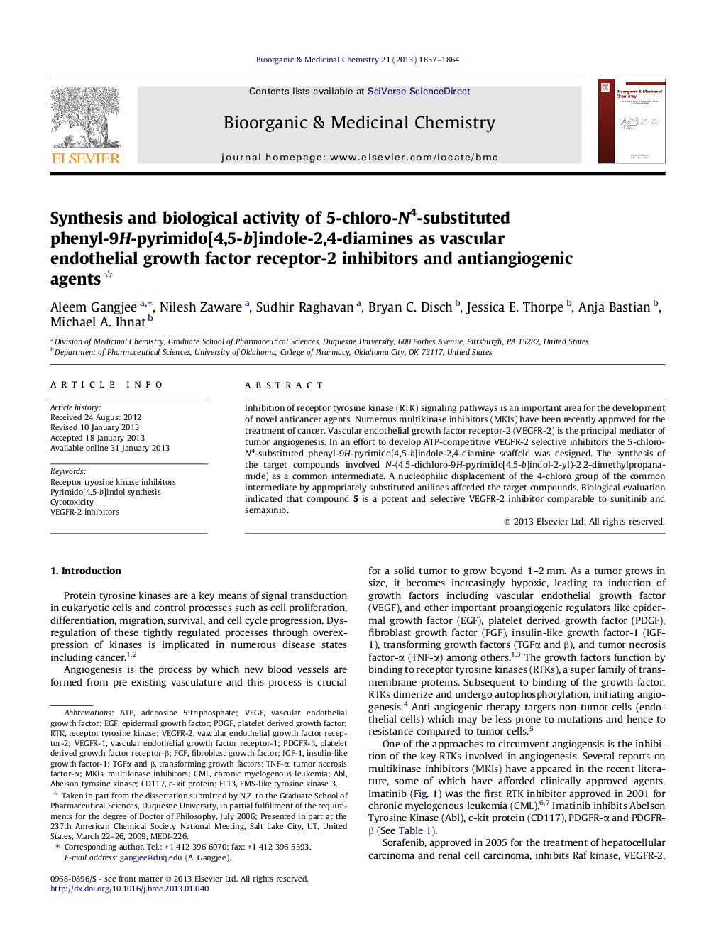 Synthesis and biological activity of 5-chloro-N4-substituted phenyl-9H-pyrimido[4,5-b]indole-2,4-diamines as vascular endothelial growth factor receptor-2 inhibitors and antiangiogenic agents