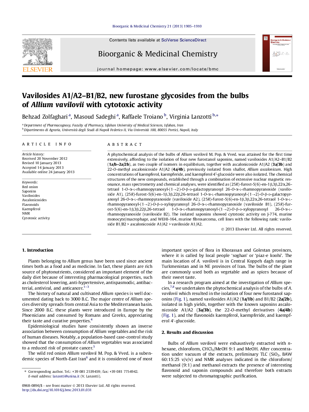 Vavilosides A1/A2-B1/B2, new furostane glycosides from the bulbs of Allium vavilovii with cytotoxic activity