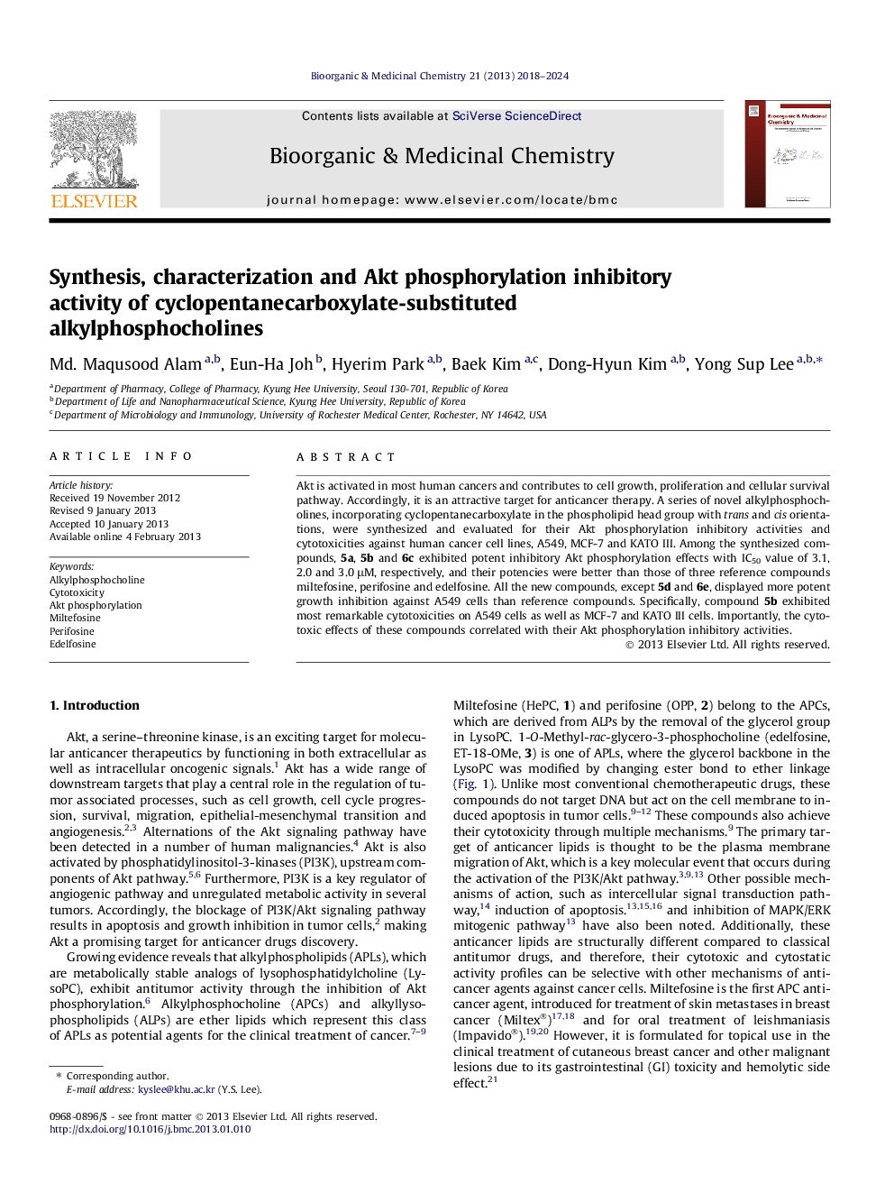 Synthesis, characterization and Akt phosphorylation inhibitory activity of cyclopentanecarboxylate-substituted alkylphosphocholines