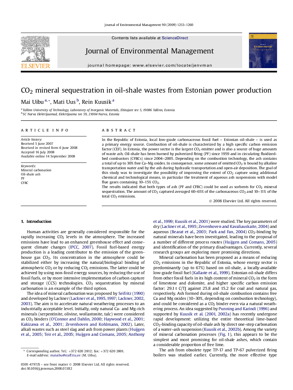 CO2 mineral sequestration in oil-shale wastes from Estonian power production