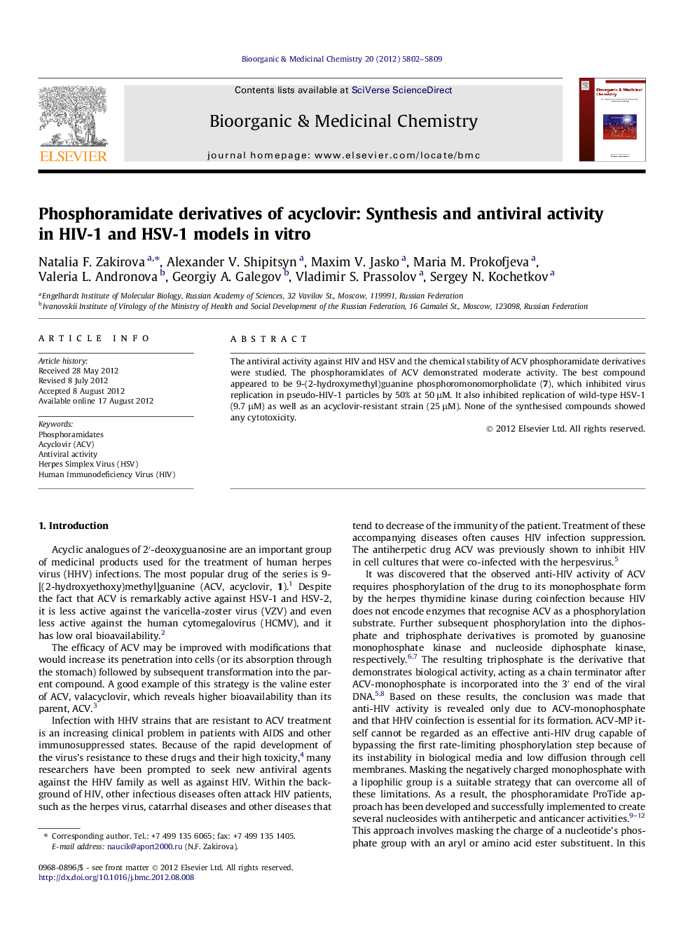 Phosphoramidate derivatives of acyclovir: Synthesis and antiviral activity in HIV-1 and HSV-1 models in vitro