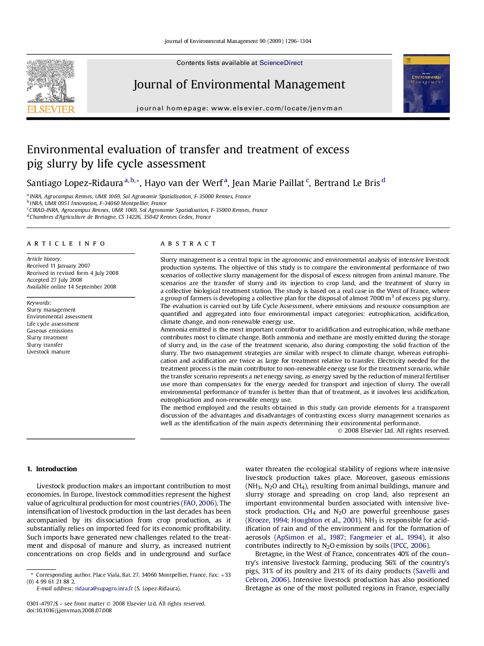 Environmental evaluation of transfer and treatment of excess pig slurry by life cycle assessment