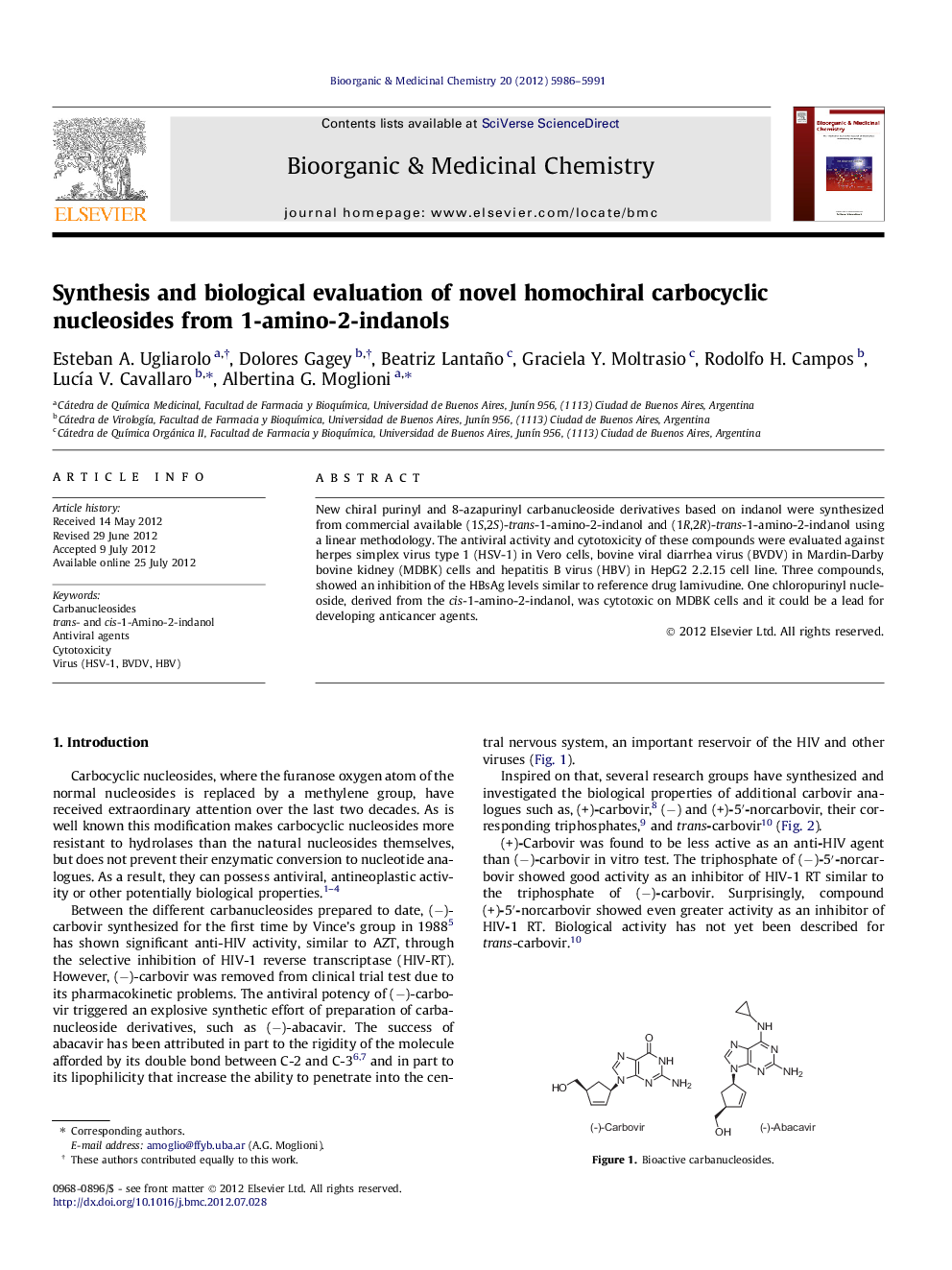 Synthesis and biological evaluation of novel homochiral carbocyclic nucleosides from 1-amino-2-indanols