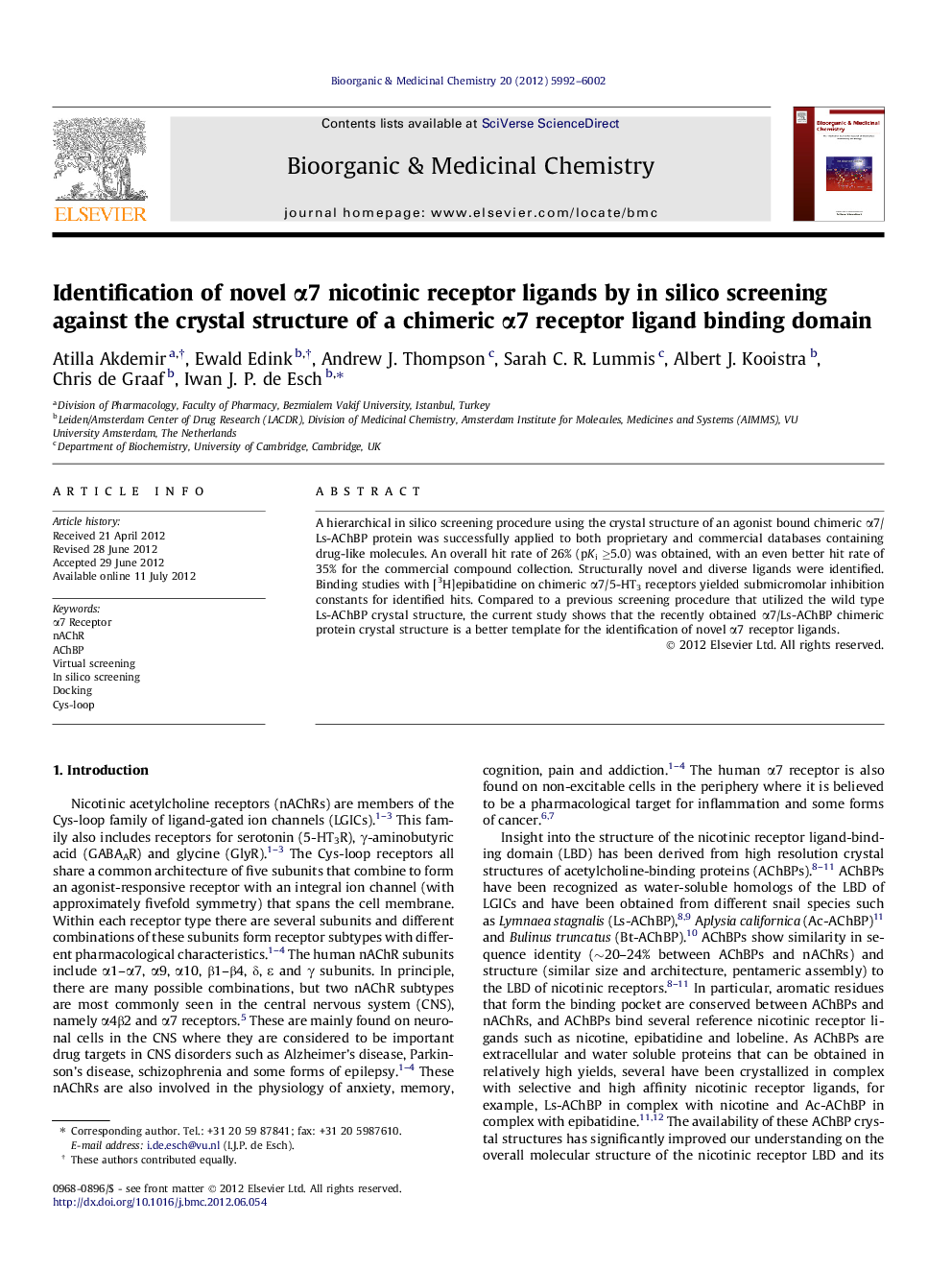 Identification of novel Î±7 nicotinic receptor ligands by in silico screening against the crystal structure of a chimeric Î±7 receptor ligand binding domain