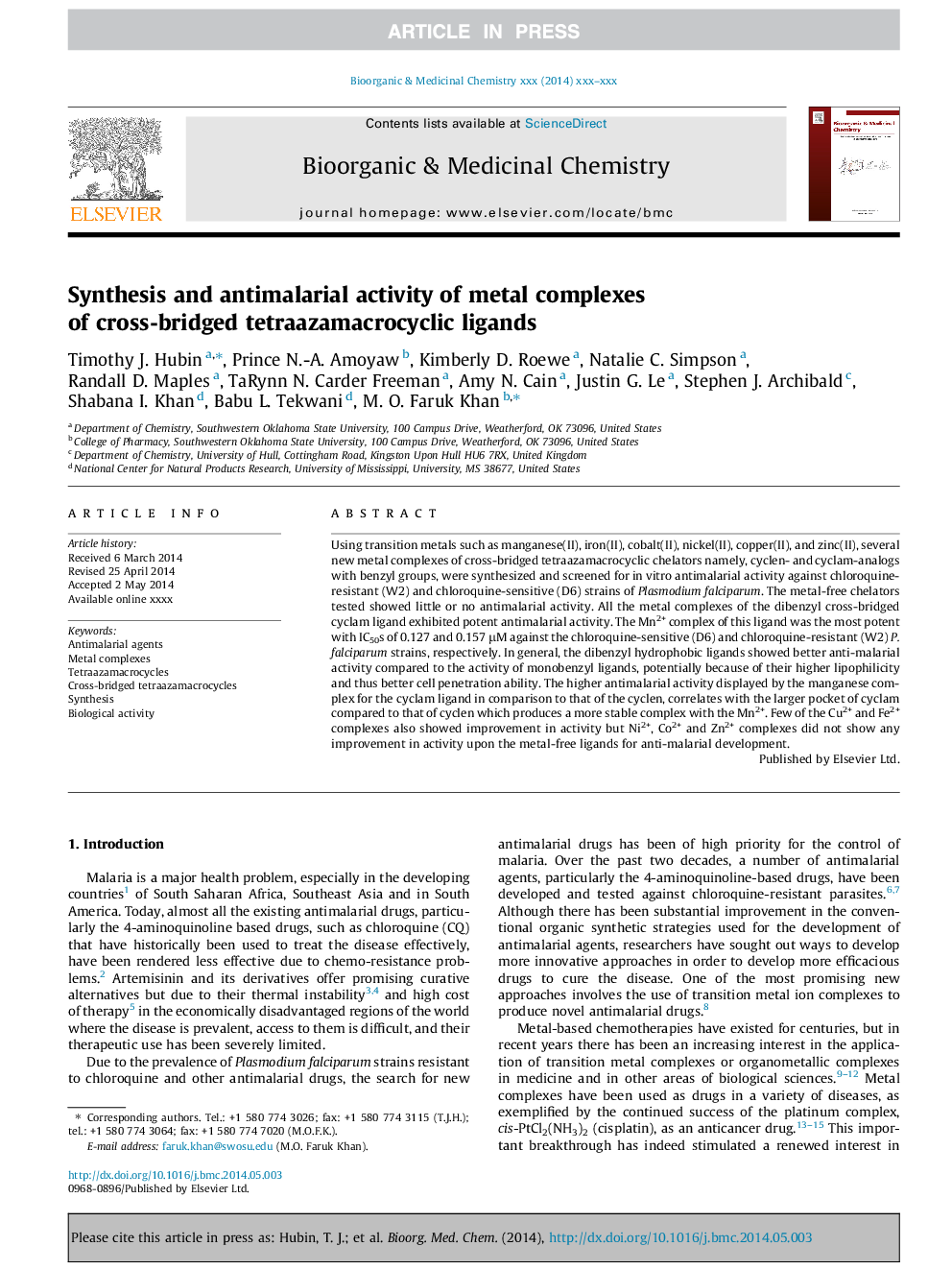 Synthesis and antimalarial activity of metal complexes of cross-bridged tetraazamacrocyclic ligands