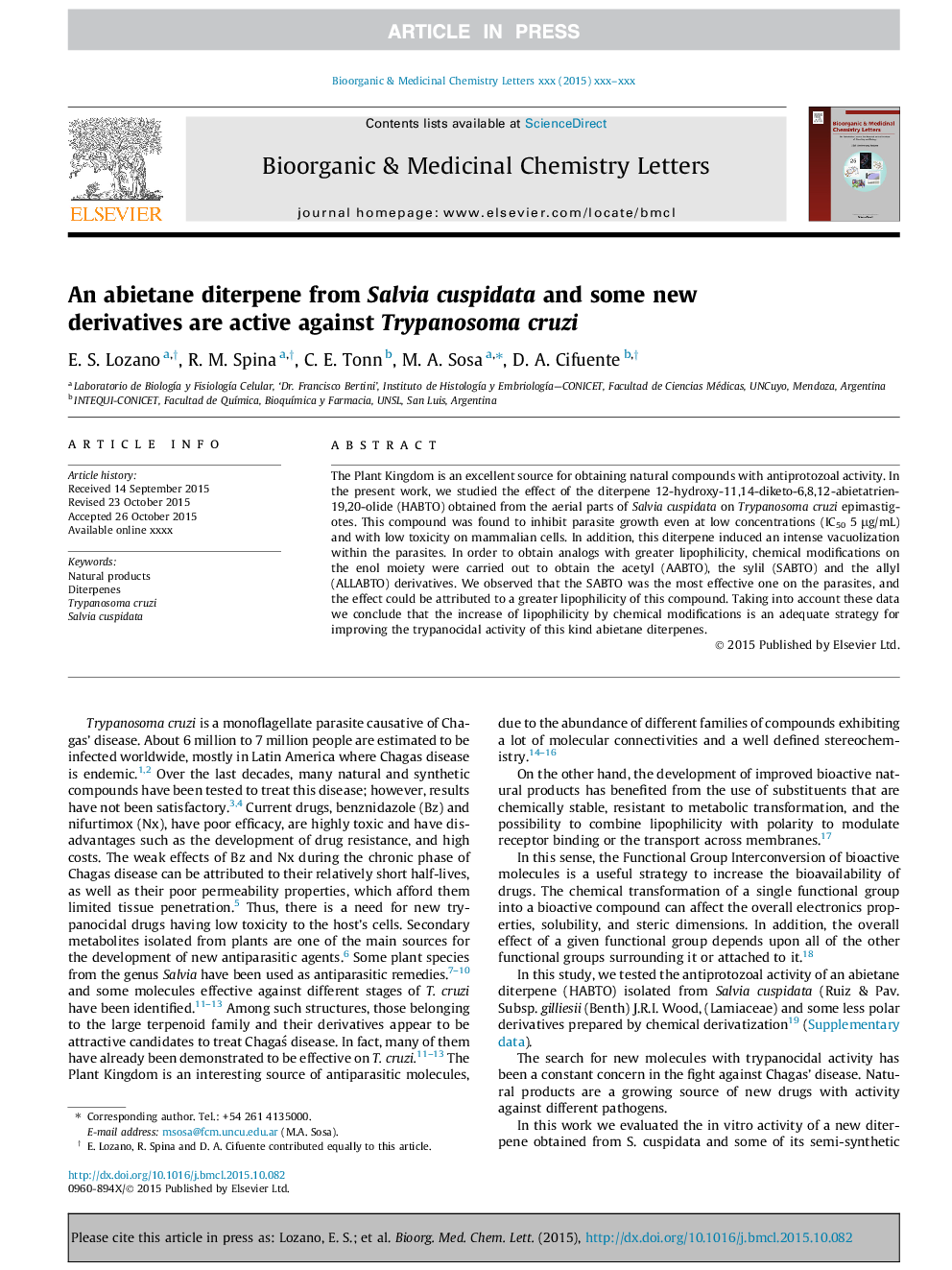 An abietane diterpene from Salvia cuspidata and some new derivatives are active against Trypanosoma cruzi