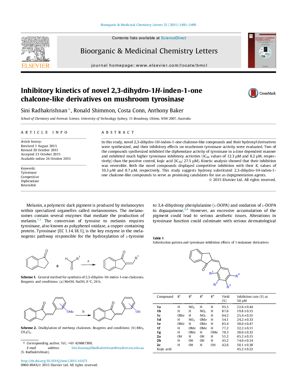 سینتیک بازدارنده مشتقات کلوکین 2،3-دی هیدرو-1 هیدرولایدین 1 در تریروزیناز قارچ 
