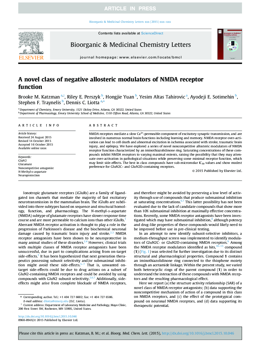 A novel class of negative allosteric modulators of NMDA receptor function