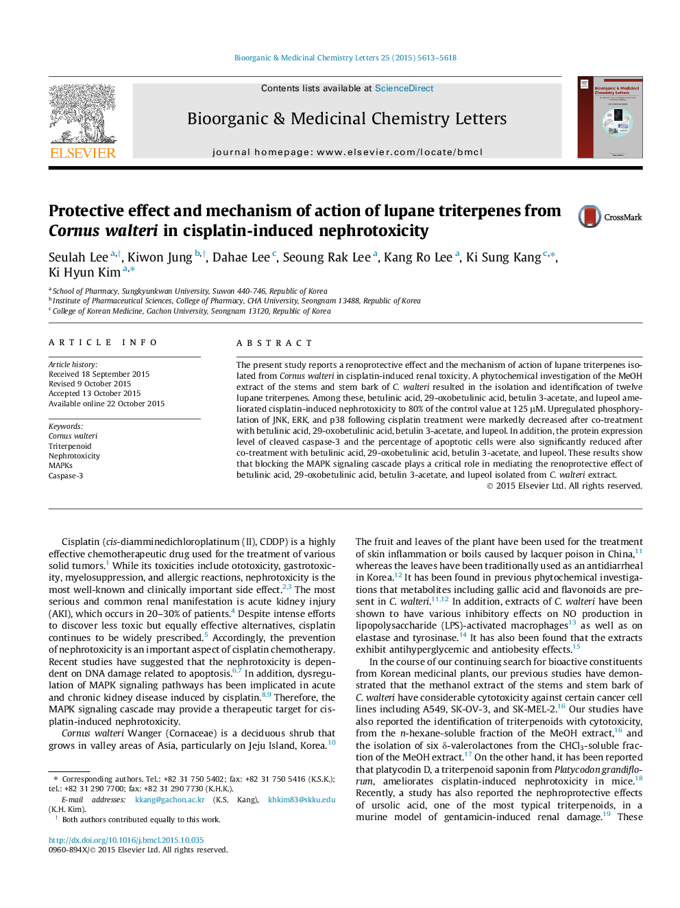 Protective effect and mechanism of action of lupane triterpenes from Cornus walteri in cisplatin-induced nephrotoxicity