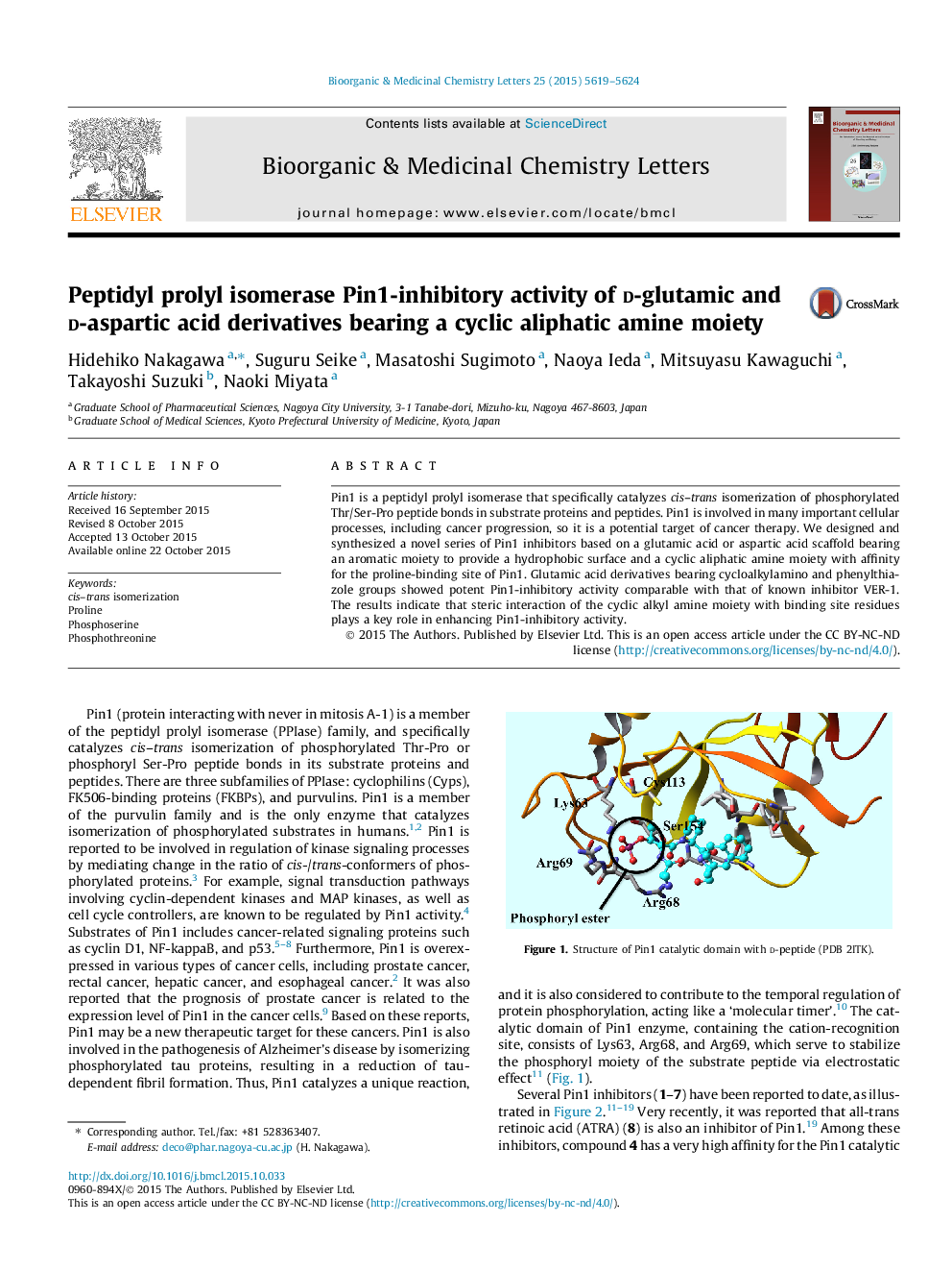 Peptidyl prolyl isomerase Pin1-inhibitory activity of d-glutamic and d-aspartic acid derivatives bearing a cyclic aliphatic amine moiety