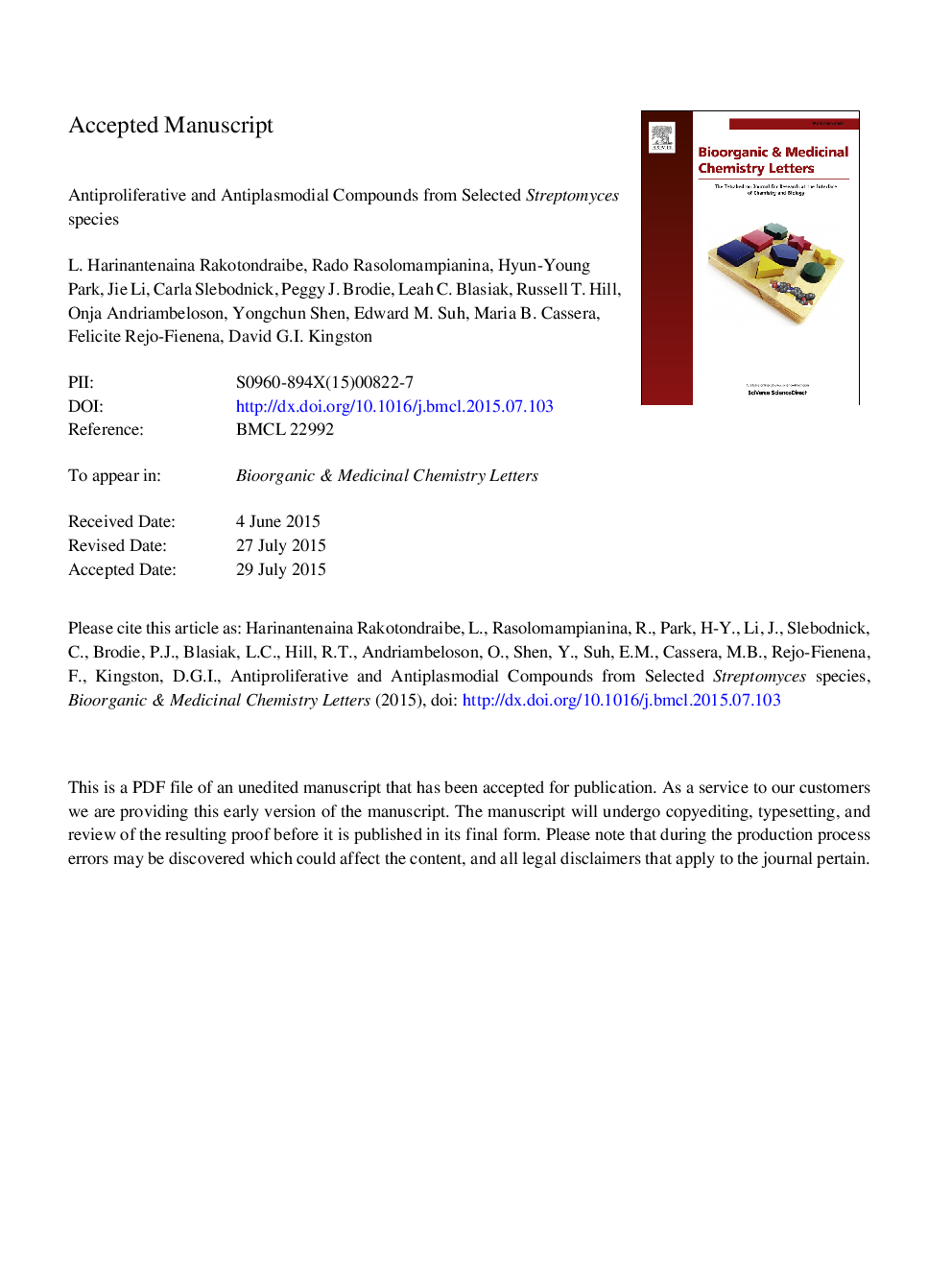 Antiproliferative and antiplasmodial compounds from selected Streptomyces species