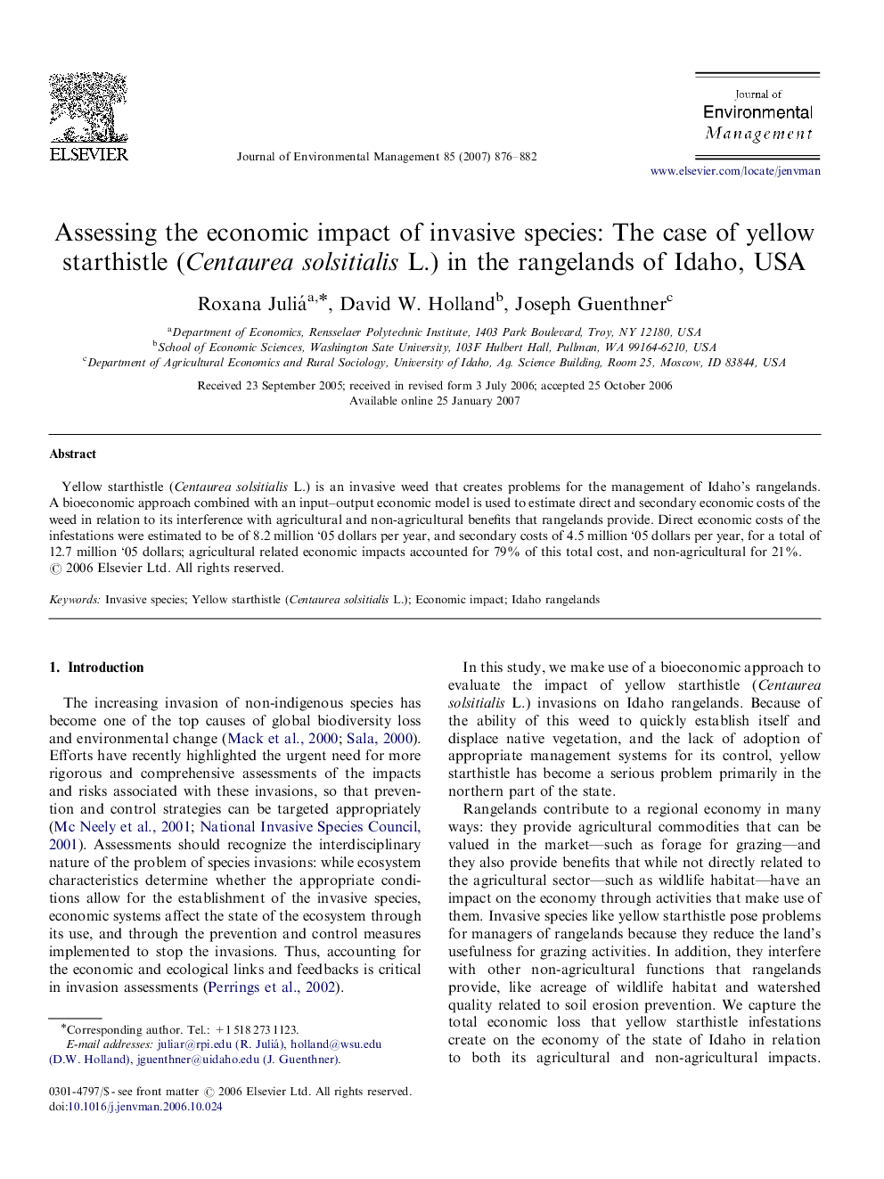 Assessing the economic impact of invasive species: The case of yellow starthistle (Centaurea solsitialis L.) in the rangelands of Idaho, USA