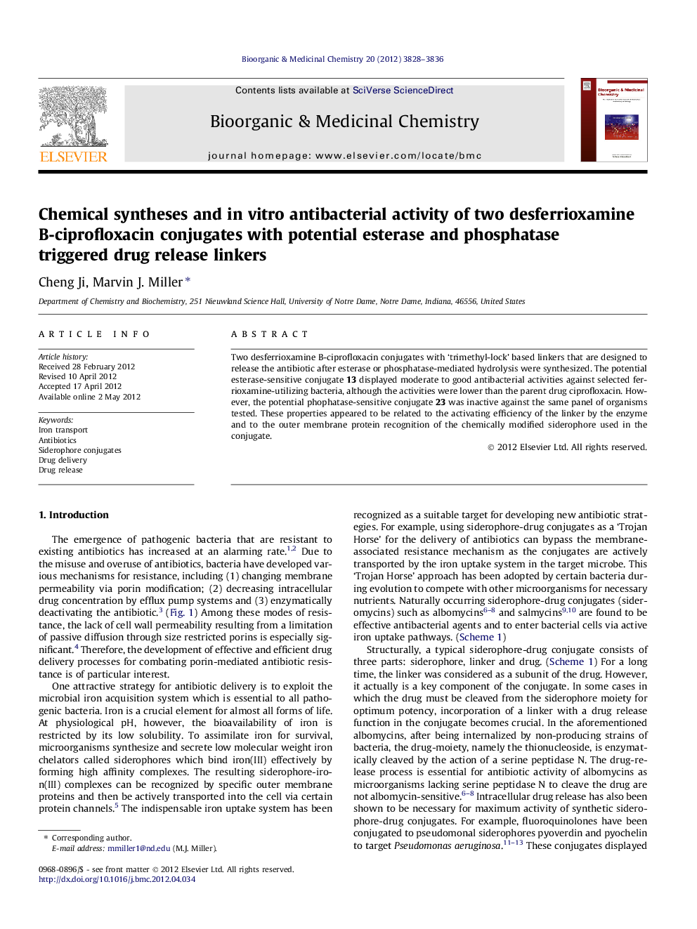 Chemical syntheses and in vitro antibacterial activity of two desferrioxamine B-ciprofloxacin conjugates with potential esterase and phosphatase triggered drug release linkers