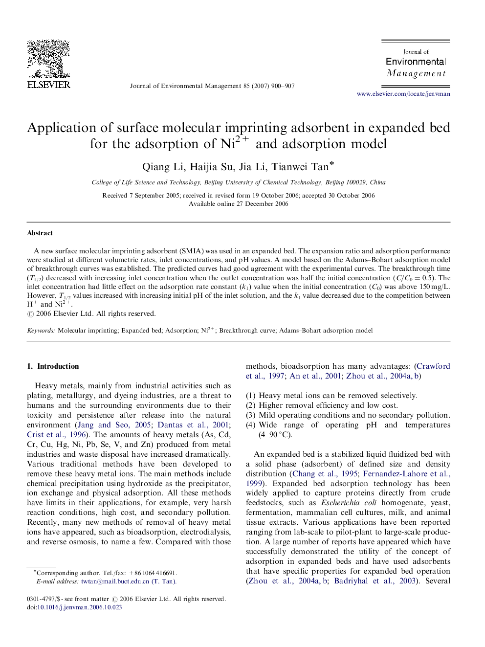 Application of surface molecular imprinting adsorbent in expanded bed for the adsorption of Ni2+ and adsorption model