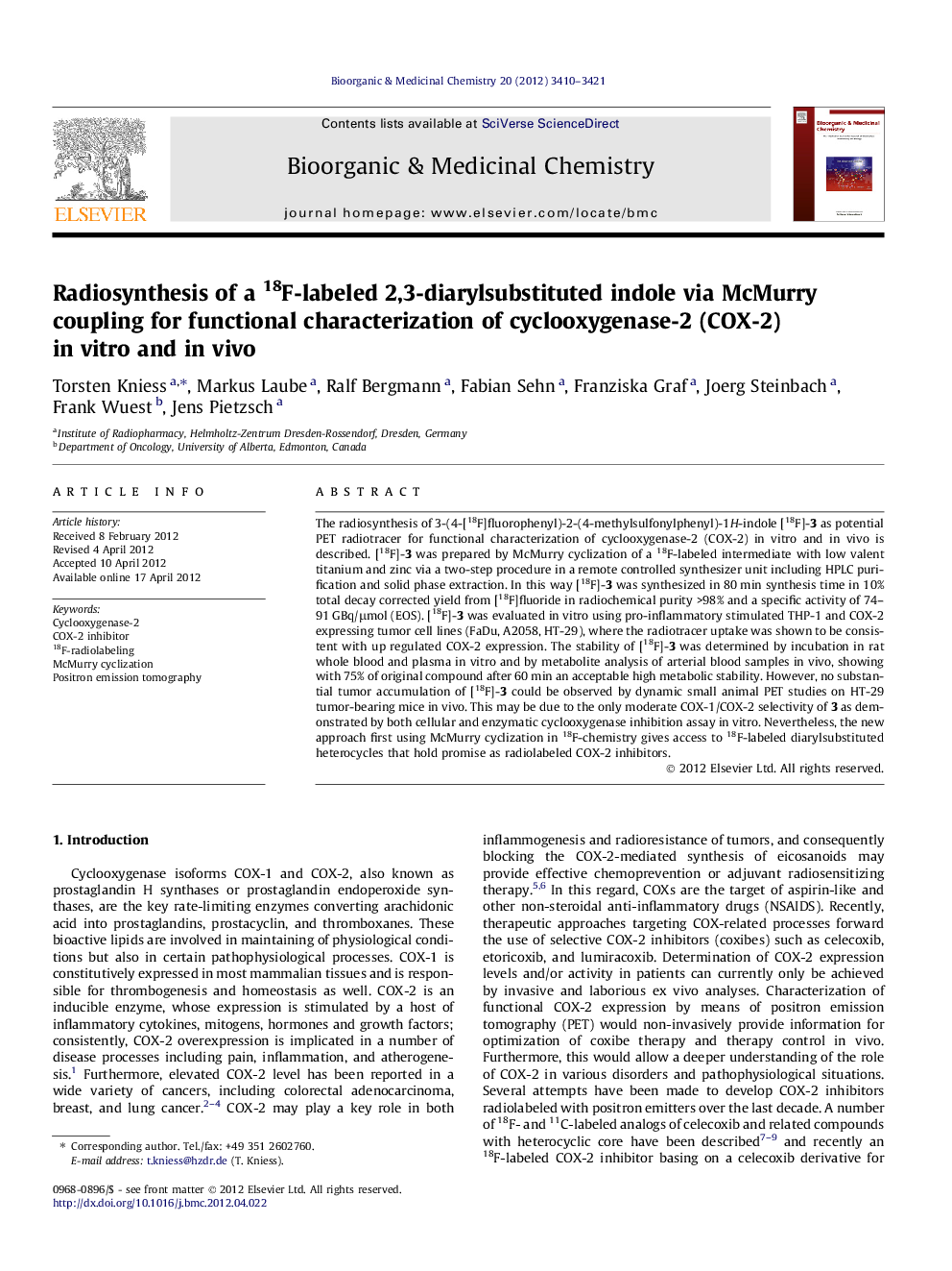 Radiosynthesis of a 18F-labeled 2,3-diarylsubstituted indole via McMurry coupling for functional characterization of cyclooxygenase-2 (COX-2) in vitro and in vivo