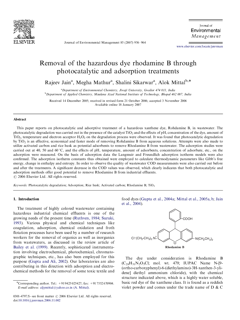 Removal of the hazardous dye rhodamine B through photocatalytic and adsorption treatments