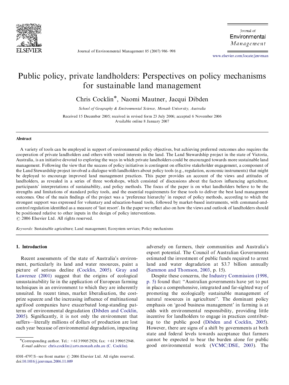 Public policy, private landholders: Perspectives on policy mechanisms for sustainable land management