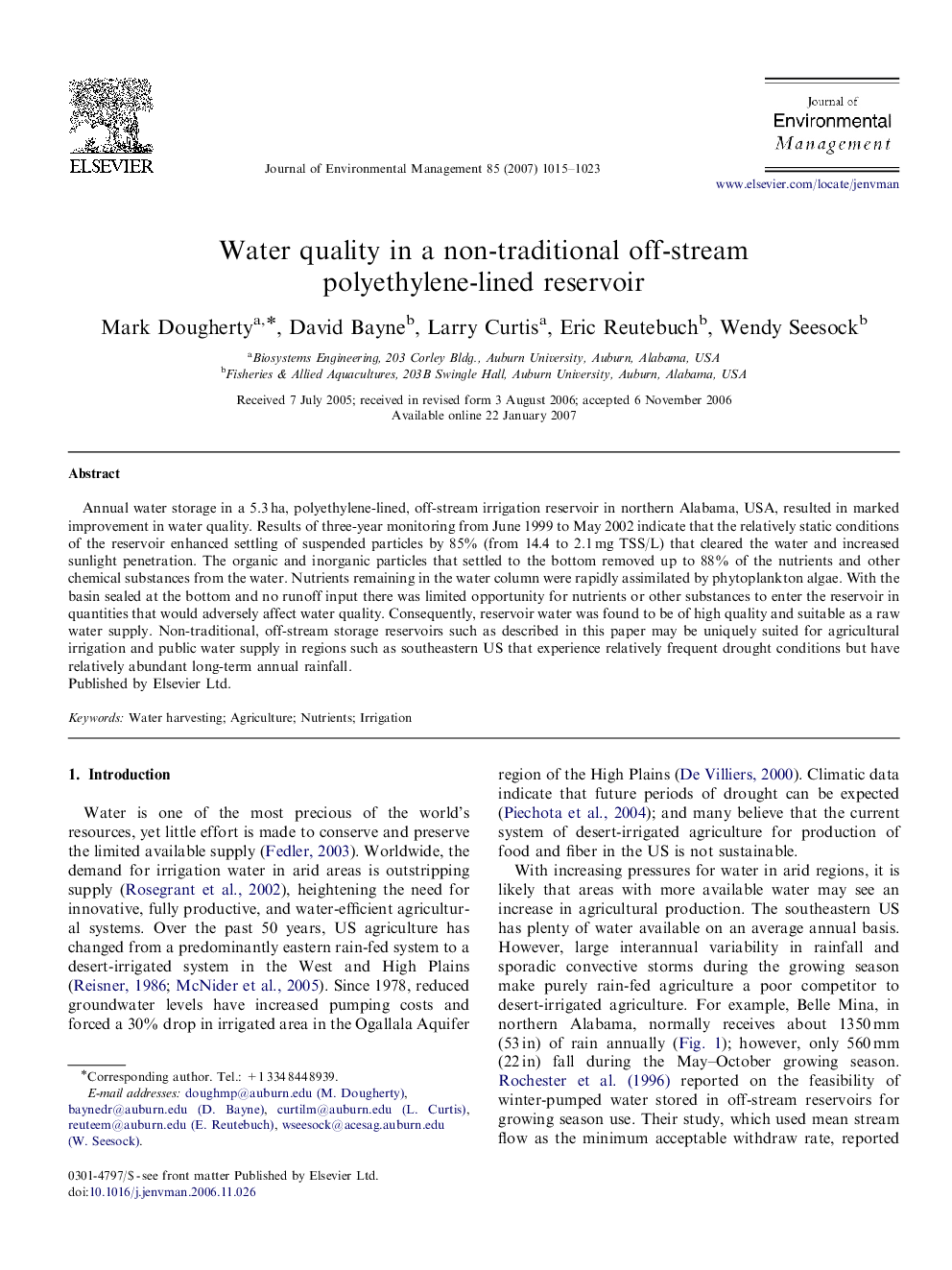 Water quality in a non-traditional off-stream polyethylene-lined reservoir