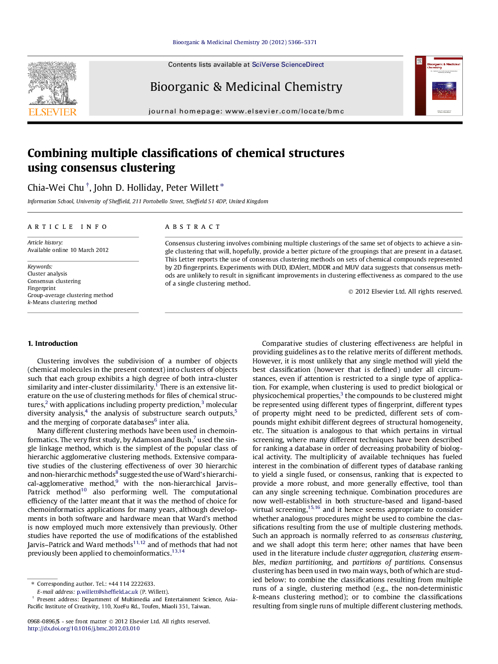 Combining multiple classifications of chemical structures using consensus clustering