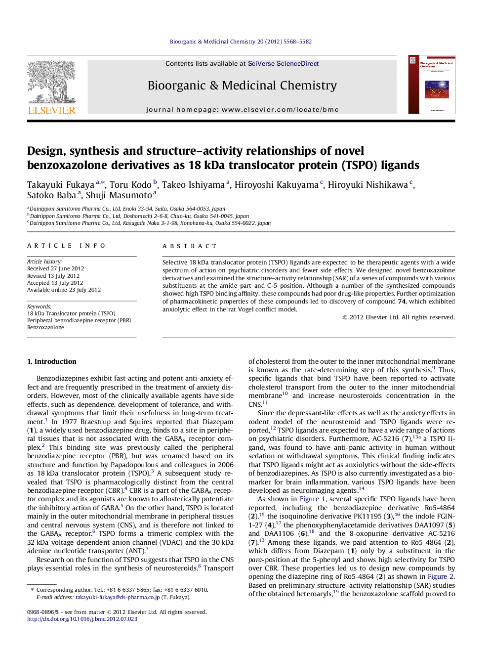 Design, synthesis and structure-activity relationships of novel benzoxazolone derivatives as 18Â kDa translocator protein (TSPO) ligands