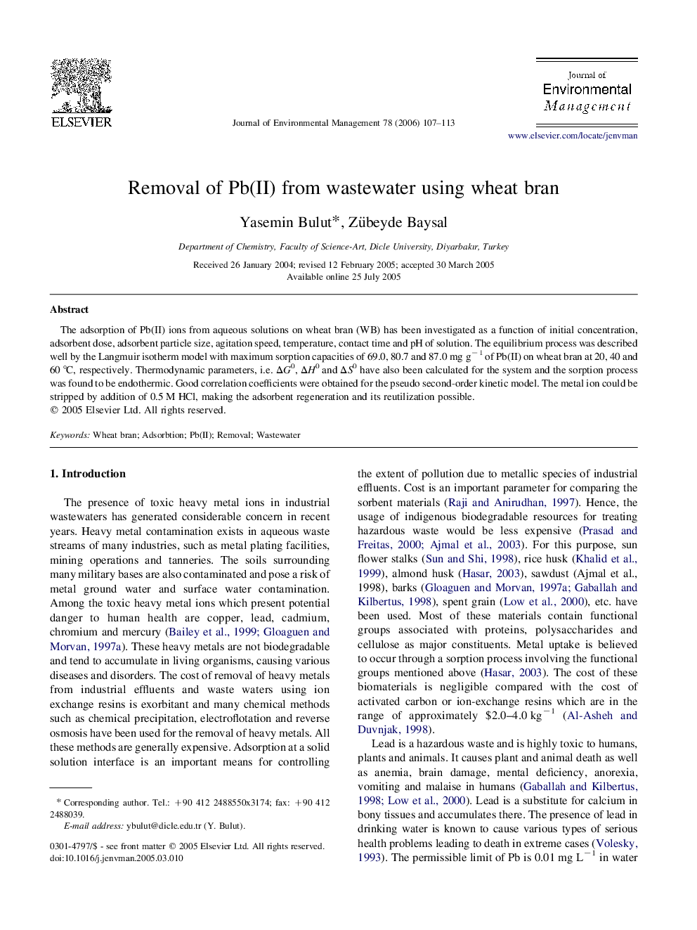 Removal of Pb(II) from wastewater using wheat bran