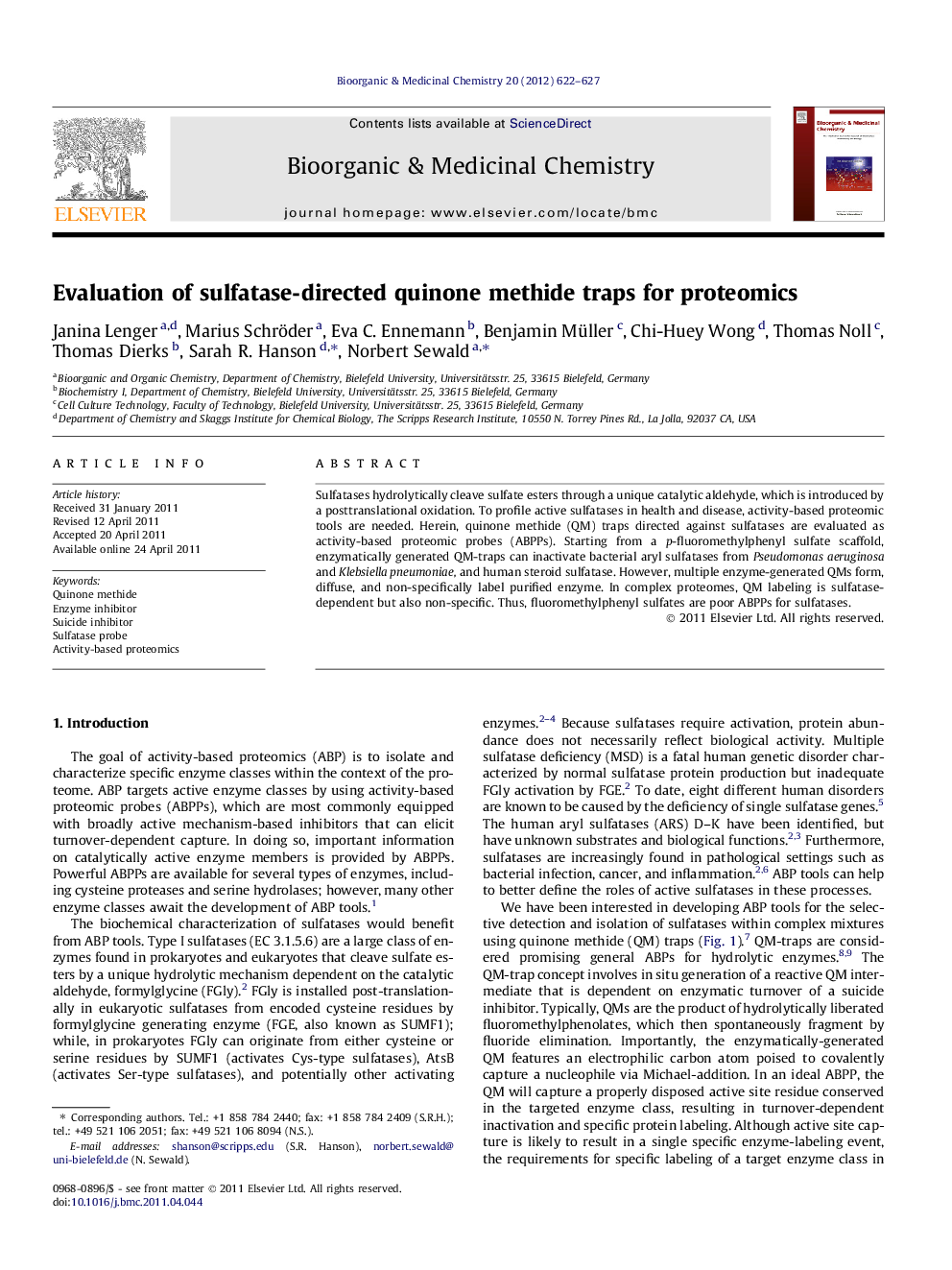 Evaluation of sulfatase-directed quinone methide traps for proteomics