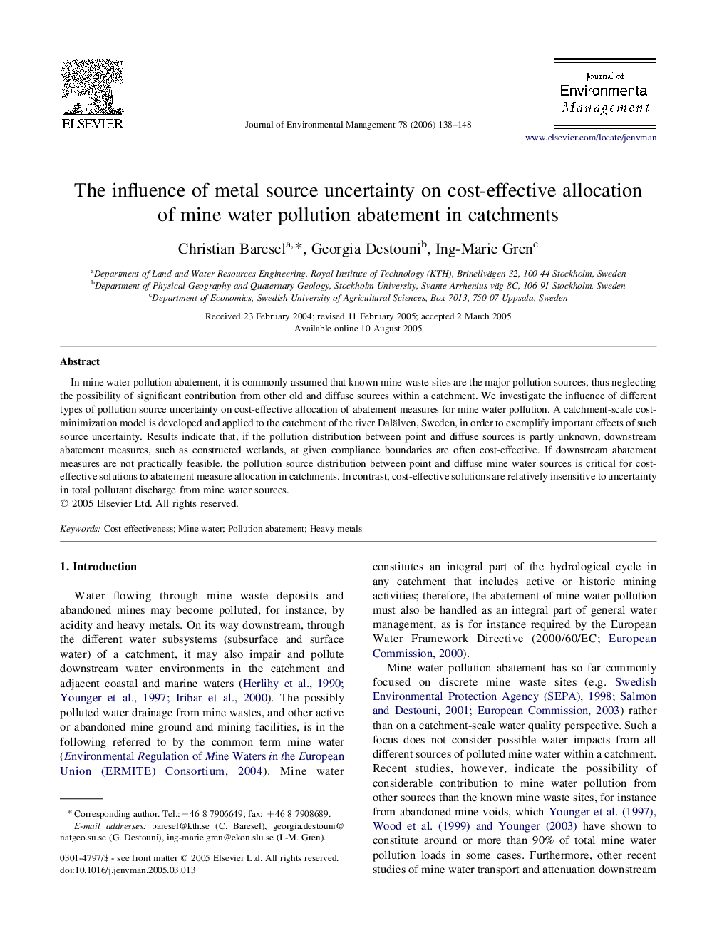 The influence of metal source uncertainty on cost-effective allocation of mine water pollution abatement in catchments